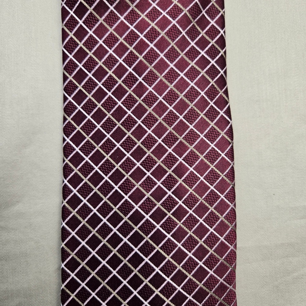 Michael Michael Kors Mens Silk Necktie Burgundy White Gold Grid Pattern 57x3.25 - Picture 2 of 9